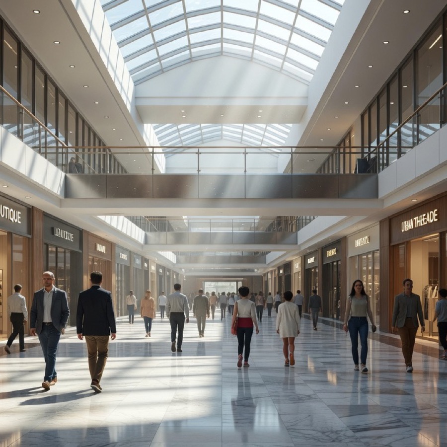 Pasillo principal de la galería con locales de moda y accesorios